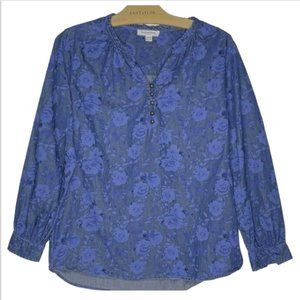 Beach Lunch Lounge Women XS Ruffle Neck Long Sleeve Floral Blouse Blue Black